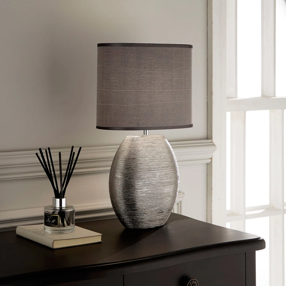 Silver Scratched Ceramic Vintage Oval Table Lamp with Grey Shade 45cm - Image 5
