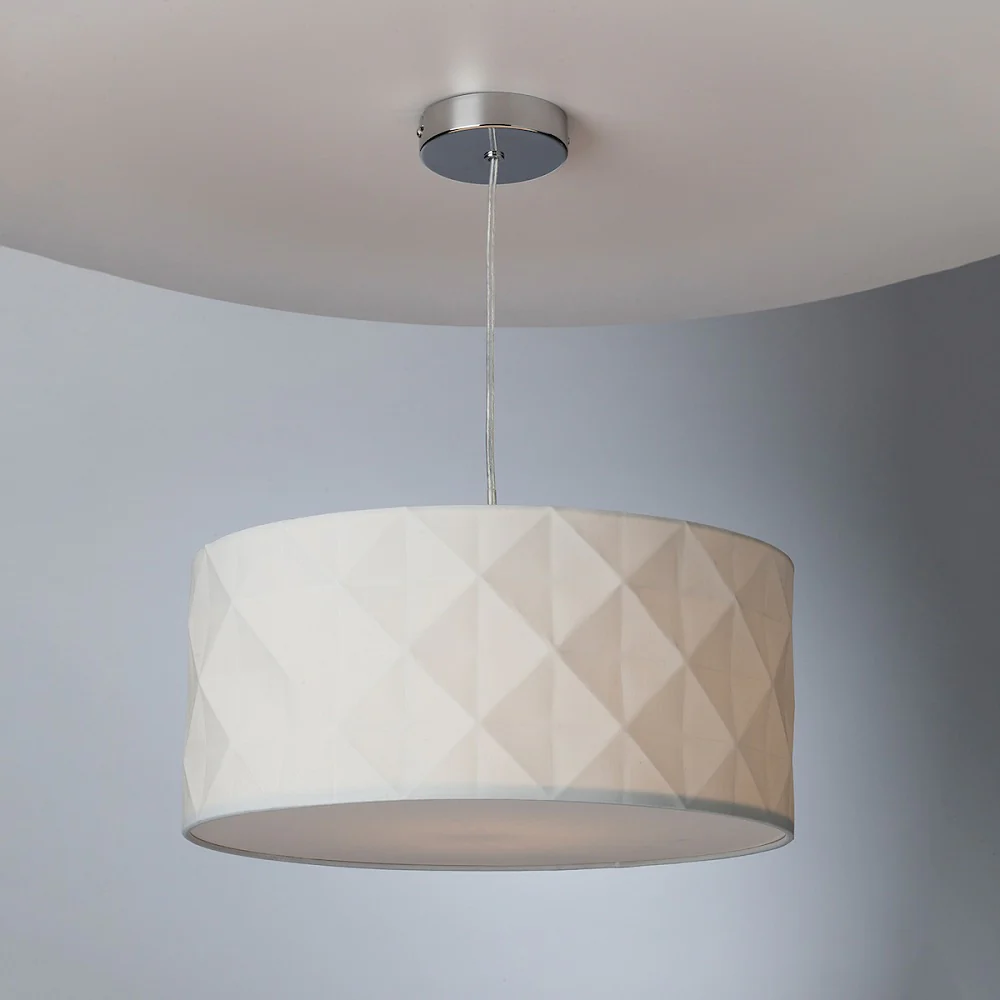 White Cotton Faceted Geometric Retro Easy Fit Drum Pendant Shade with Diffuser 40cm - Image 4